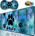 3 Piece Mouse Pad Set with Stitched Edge Large Anti-Slip Mouse Pad Desk Pad Keyboard Pad + Wrist Rest Pad + Coaster, Memory Foam Wrist Rest for Office/Home -Antique Blue Wood Grain Dog Paw