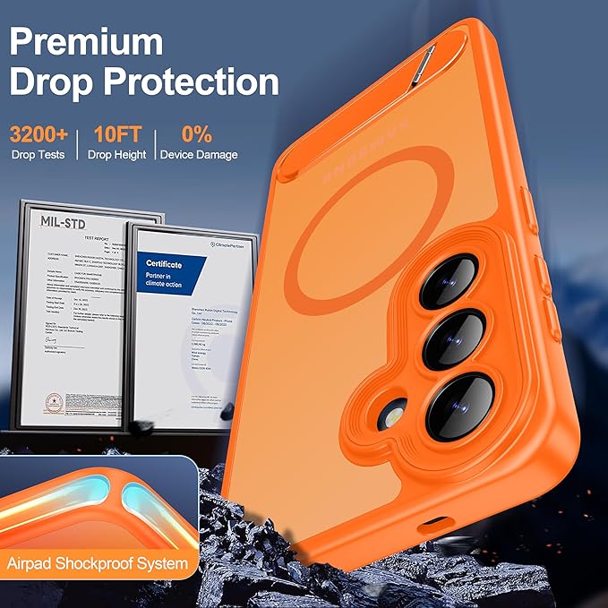 Magnetic for Samsung Galaxy S26 Case, [Compatible with MagSafe][Full Camera Protection][Built-in Invisible Kickstand] Translucent Matte Phone Case for S26 6.3" - Orange