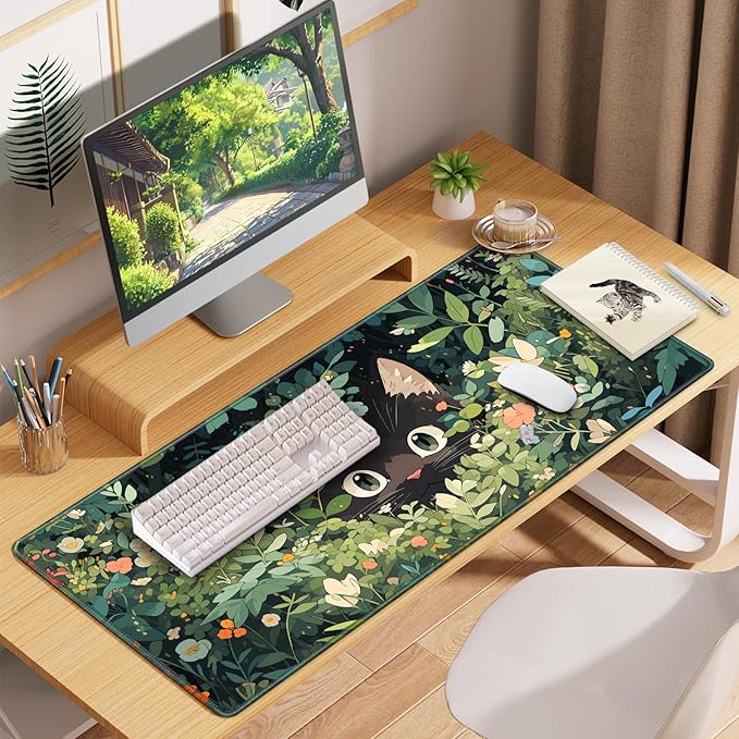 Anime Cat Mouse Pad, Green Desk Mat, Kawaii XXL Large Gaming Mouse Pad Keyboard with Stitched Edges Non-Slip, 35.4×15.7in Mousepad Mat for Desktop Computer Laptop Office Women Decor Funny