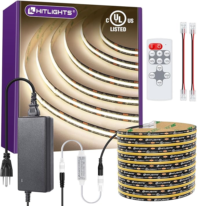 HitLights COB White LED Strip Lights Kit with Remote & 12V Power Supply, 16.4ft Dimmable Tape Light 4000K, 2400LEDs, 305+ Lm/ft, UL Listed, Flexible Rope Lights for Bedroom, Kitchen, Cabinet Lighting