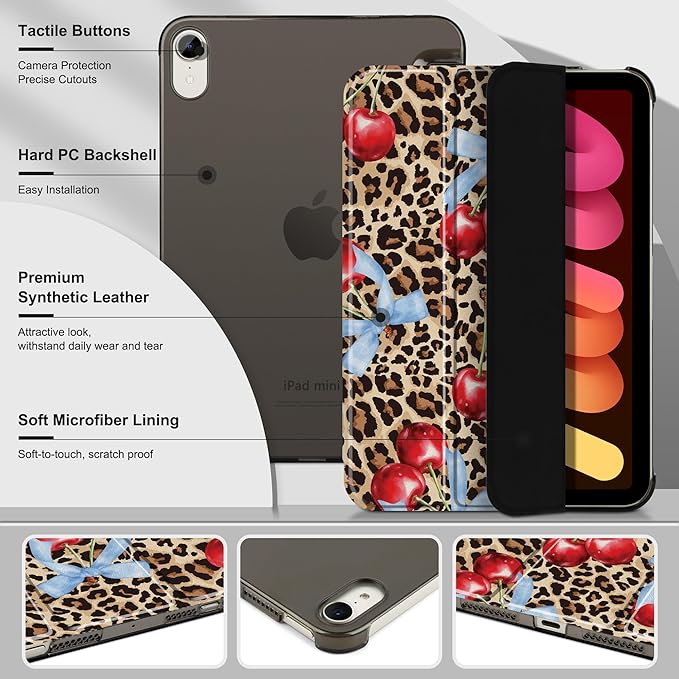 DONGKE for iPad mini 7 (A17 Pro) 2024 & iPad mini 6 2021 8.3 Inch, Slim Foldable Stand Hard PC Translucent Back Shell Smart Cover for iPad mini 7th/6th Generation [Auto Wake/Sleep] - Leopard
