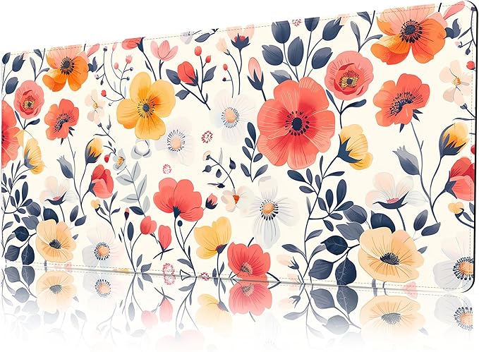 ProbTis Cute Flower Mouse Pad, Large Floral Desk Mat, XXL Gaming Keyboard Mat, Stitched Edges Rubber Base, Big Extended Desk Protector for Home Office, 35.4”x15.7” (Village Road Flower)