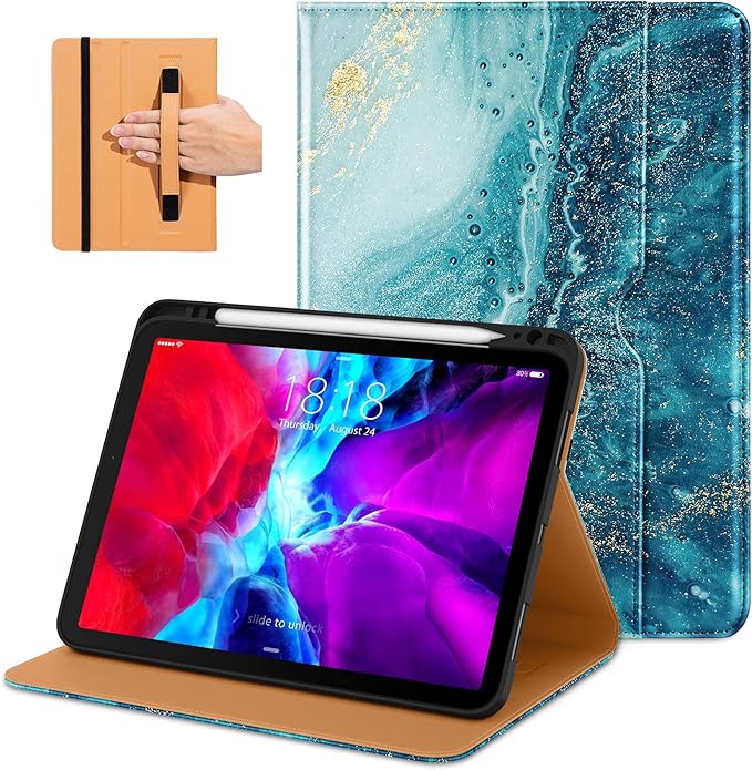 DTTO Premium Synthetic Leather iPad Case, Protective Cover for iPad Pro 11 Inch and iPad Air 4, Auto Wake/Sleep Function, Built-in Hand Strap, Front Document Card Pocket