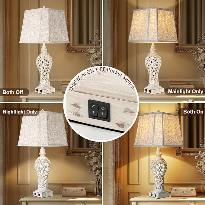 LuxSight Collection 32" Tall Table Lamps Set of 2 - Bedside Lamp with Fabric Shades - for Bedroom and Living Room with USB and Nightlight - Perfect for Nightstands and Bedrooms - Bulbs Included