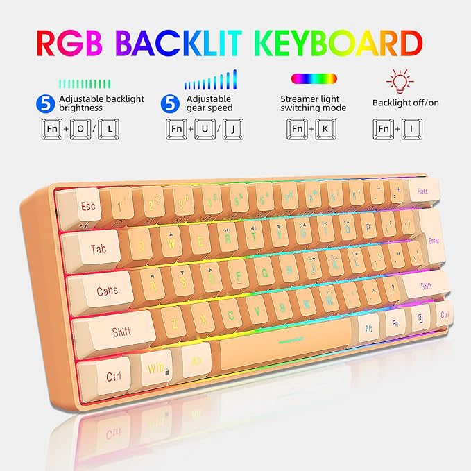 Snpurdiri 60% Wired Gaming Keyboard, RGB Backlit Ultra-Compact Mini Gaming Keyboard for PC/Mac Gamer, Typist, Travel (Cream and Orange)