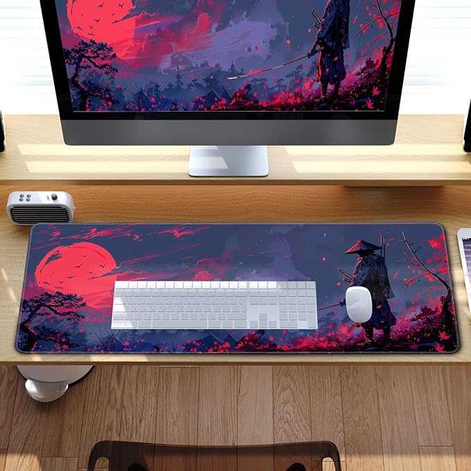 Japanese Gaming Samurai Red Large Gaming Mouse Pad Keyboard Desk Pad Extended Mouse Pad Gaming Office Decor, Pc Laptop Mouse Pads Large (31.5x11.8 in) with Stitched Eges Non-Slip Base Mousepad XL