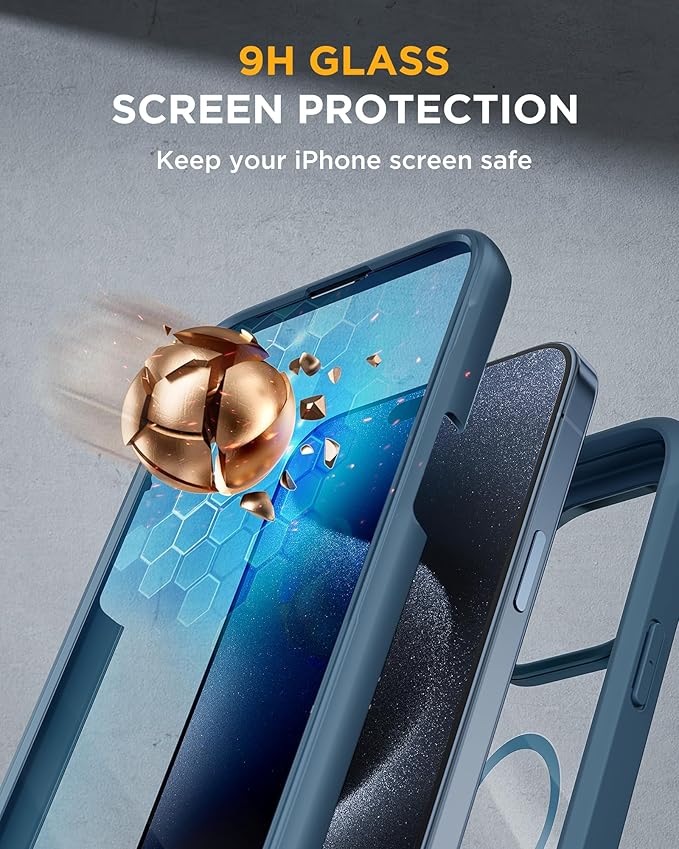 Miracase Magnetic for iPhone 15 Pro Max Case 6.7'' [Compatible with Magsafe] Full-Body Drop Proof Phone Case for iPhone 15 Pro Max with Built-in 9H Tempered Glass Screen Protector,Blue