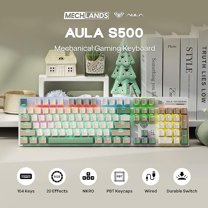 MechLands Aula S500 Wired Gaming Keyboard, 100% Full Size Mechanical Keyboard with Number Pad, 104 Keys, NKRO, RGB Backlits, Shine Through Keycaps, Ergonomic for PC E-sports (White&Green, Blue Switch)