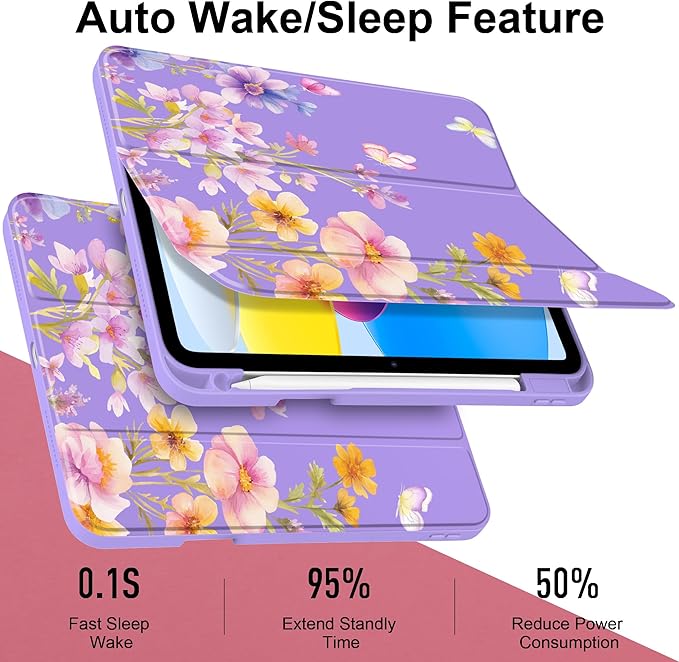 Case for iPad Air 13 inch 2026 M4 2025 M3 2024 M2 Release Slim Lightweight Shockproof Cute Violet Cover with Clear Back TPU Edge Pencil Holder Trifold Stand Auto Wake Sleep, Watercolor Flower