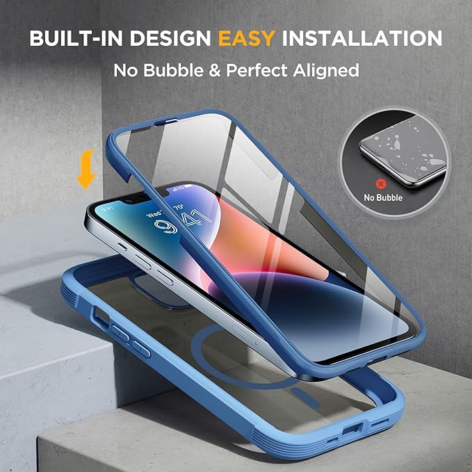 Miracase Glass Series Designed for iPhone 14 Plus Case 6.7 inch, 2023 Upgrade Full-Body Magnetic Clear Case with Built-in 9H Tempered Glass Screen Protector,Compatible with MagSafe, Capri Blue