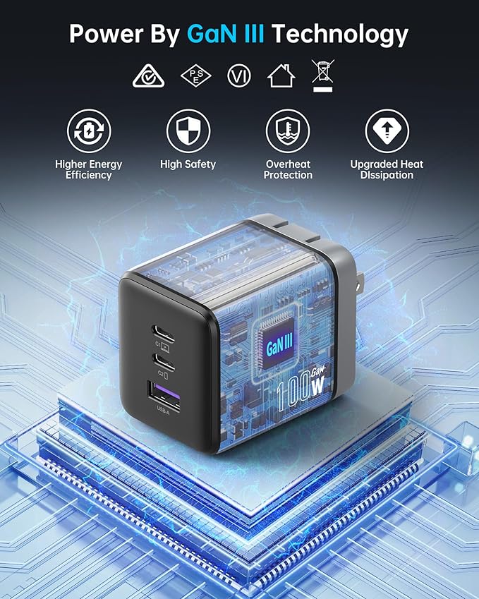 NOVOO 100W USB C Charger Block (GaN III), 3-Port Fast Foldable Compact Wall Charger for MacBook Pro/Air, Dell XPS 13, iPad Pro, Galaxy S24/S23, iPhone 16/15 Pro and More