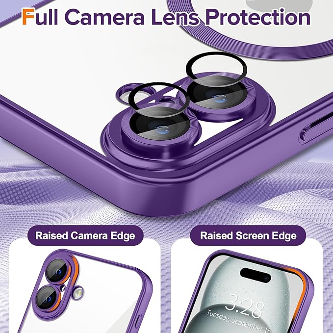 Hython Magnetic Clear for iPhone 16 Case with Camera Lens Protector [Compatible with MagSafe] Luxury Plating Edge Slim Soft TPU Cover Protective Phone Case for iPhone 16 6.1", Matte Purple