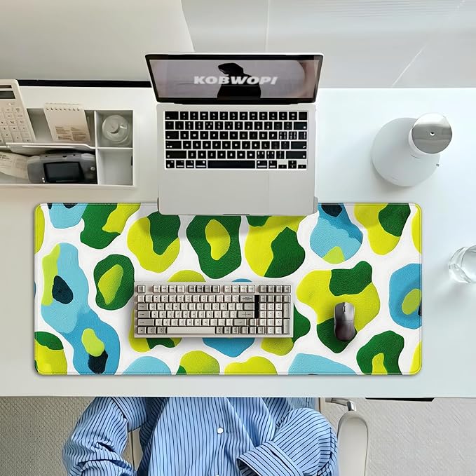 35.4 x 15.7 in, XXL Large Mouse Pad for Desk, Extended Keyboard Mouse Mat for Computer Office, Big Mouse pad with Stitched Edges, Gaming Pc-Abstract Leopard Print Green and Blue