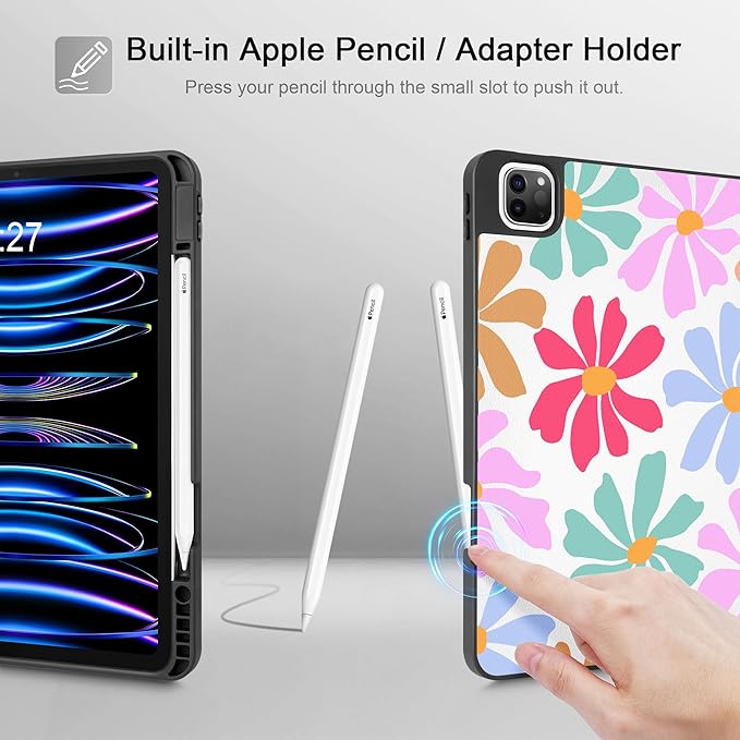 May Chen for iPad Pro M2 12.9 Case 6th/5th/4th/3rd Generation 2022 2021 2020 2018 Trifold Stand + Pencil Holder + Auto Wake/Sleep + Soft TPU Protective Stand Back Cover, Groovy Flower