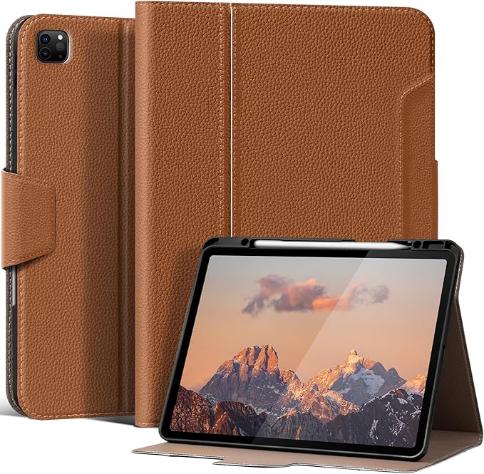 for iPad Pro 12.9" 6/5/4/3rd Generation Case 2022/2021/2020/2018, Smart Leather Folio Stand Cover with Buckle with Built-in Apple Pencil Holder & Auto Wake/Sleep & Multi Viewing Angles, Brown