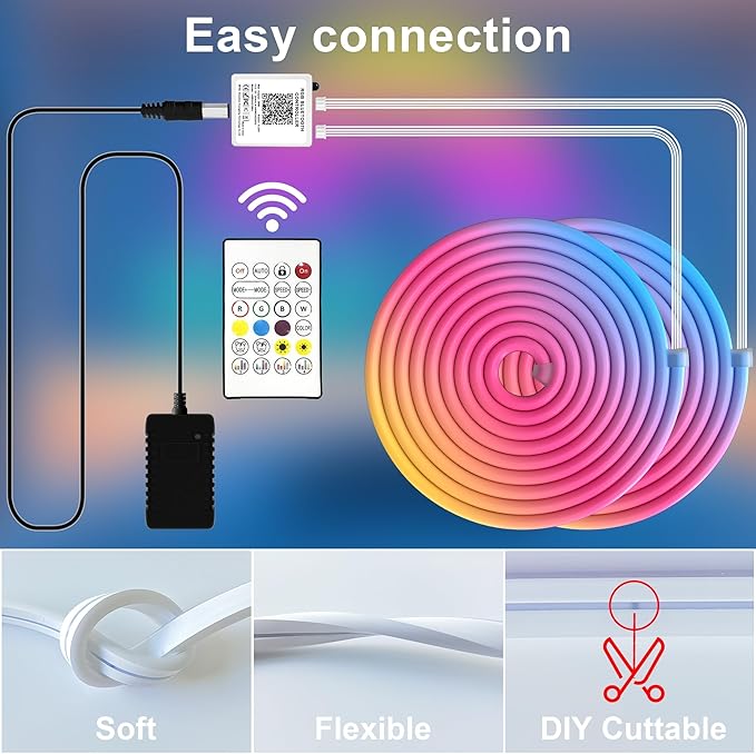 Cozylady RGB Neon LED Rope Lights, Waterproof Bluetooth APP Remote Control Music Sync Strip Lights, 24V Flexible DIY Silicone Light for Bedroom Home Indoor Outdoor Decor (36M/120Ft)