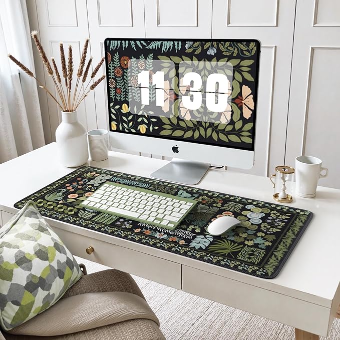 iCasso Floral Desk Pad Mat, Large Mouse Pad, Desk Matt for Desktop, Anti-Slip XXL Big Mousepad with Stitched Edges for Computer Keyboard (Black)