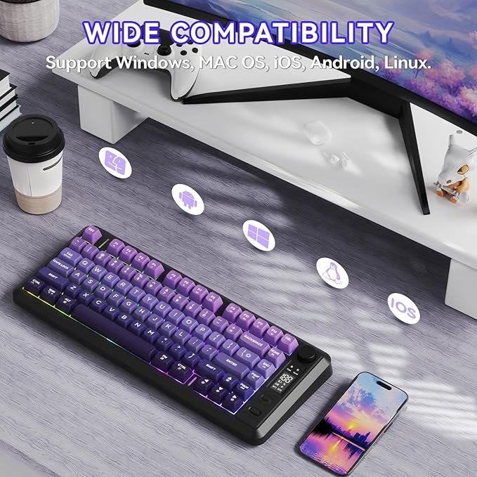 ZIYOU LANG M75 Wireless Gaming Keyboard, RGB Backlit Rechargeable 2000mAh Battery, Small Membrane But Mechanical Feel Keyboard with Smart Display & Knob, PBT Gradient keycaps for PC, MAC-Grape Purple