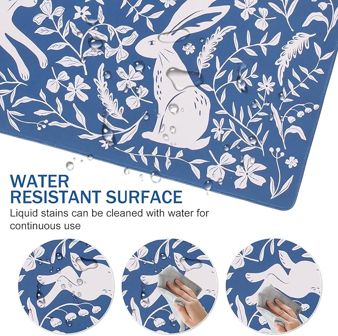 L-SPOUTTO Blue Floral Desk Mat for Keyboard and Mouse,Boho XXL Gaming Mouse Pad,Large 35.4x15.7in Non-Slip Rubber Base Keyboard Pad Waterproof Desktop Mat for Laptop Computer Work Home Office-Rabbits