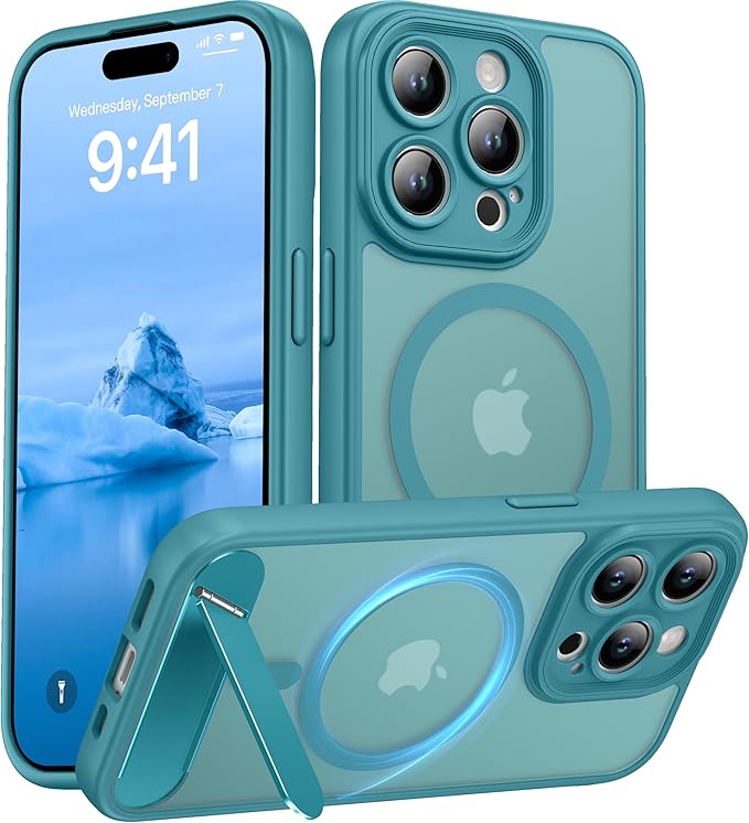 Magnetic Compatible with iPhone 15 Pro Case, [Built-in Kickstand][Full Camera Protection][Compatible with MagSafe][Anti-Fingerprint] Shockproof Phone Case for iPhone 15 Pro 6.1",Lake Blue