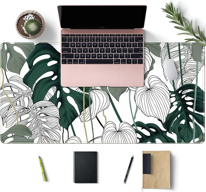 Desk Mat Green Plant Leaf Large Mouse Pad Desk Pad Tropical Boho Desk Accessories for Women Office Decor Laptop Keyboard Mouse Mat XXL Mousepad 31.5''X15.7'' Non-Slip Rubber Base with Stitched Edges
