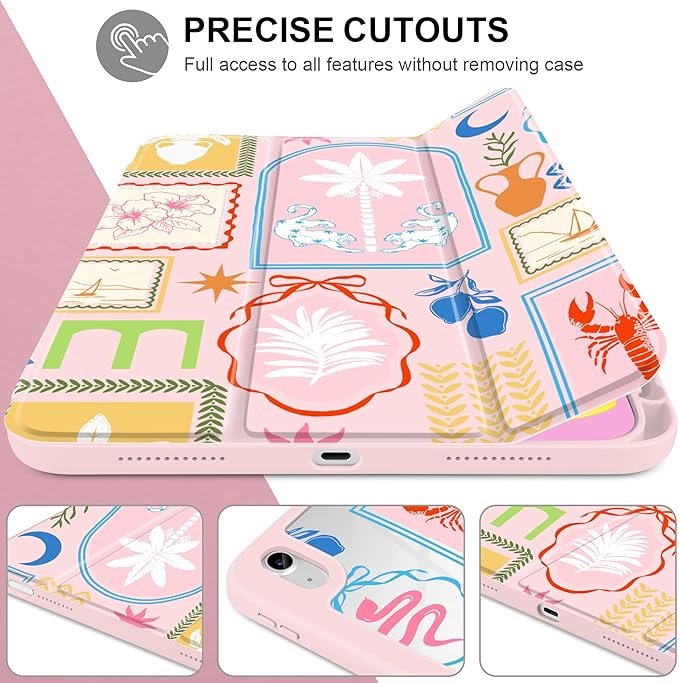 Case for iPad Air 11 inch M4 2026 M3 2025 M2 2024 Release with Pencil Holder Clear Back Shell Pink Lightweight Shockproof TPU Edge Trifold Stand Auto Wake Sleep Cute Cover, Creative Collage