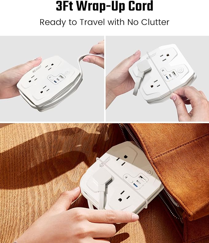 20W Travel Power Strip SUPERDANNY 3-Foot Wrap Up Extension Cord with 3 Outlets and 3 Fast Charging USBs, No Surge Protector Cruise Approved Portable Mini Travel Charger for Home Office Hotel, White