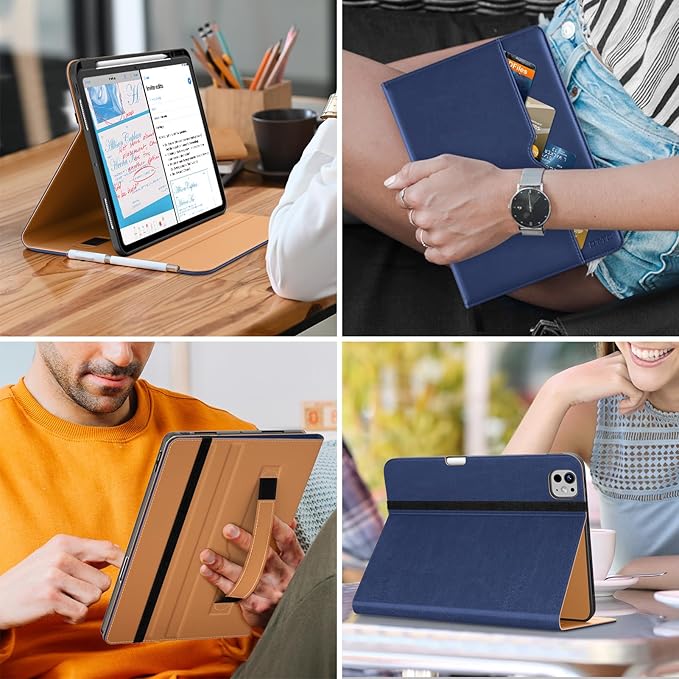 DTTO for iPad Pro 13 inch Case (M5/M4) 2025/2024, Premium Leather Business Folio Stand Cover with Pencil Holder - Auto Wake/Sleep & Multiple Viewing Angles, Built in Hand Strap & Pocket, Navy Blue