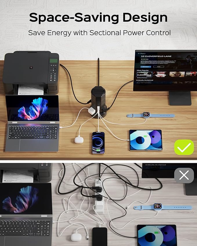 Power Strip Tower Surge Protector, JACKYLED 16 Outlets 6 USB (2 USB C) Charging Station, Extension Cord with Multiple Outlets, 1050J 1625W/13A Outlet Extender 6.5ft Extension Cord for Home Office