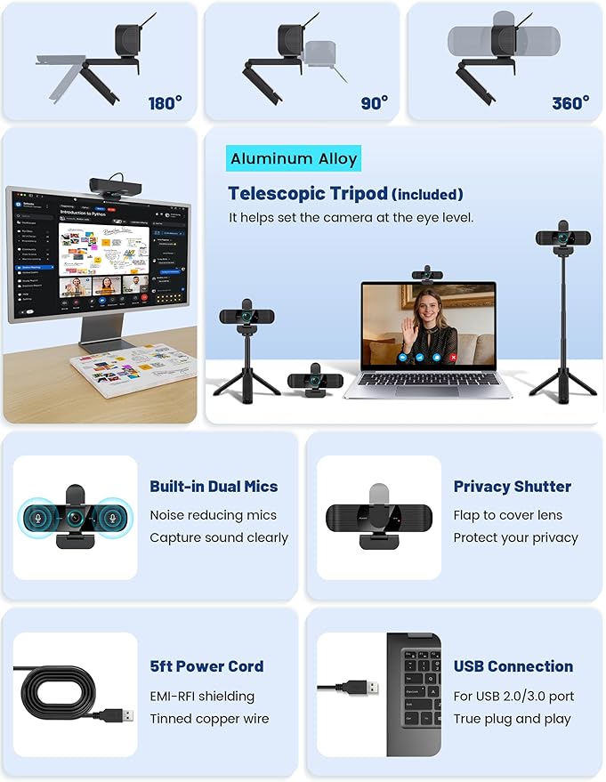 RUWBY QHD 2K Webcam with Built-in Dual Mics, Wide-Angle Lens, Privacy Cover, Tripod Stand, Autofocus Computer Camera, Plug and Play for Desktop PC or Laptop