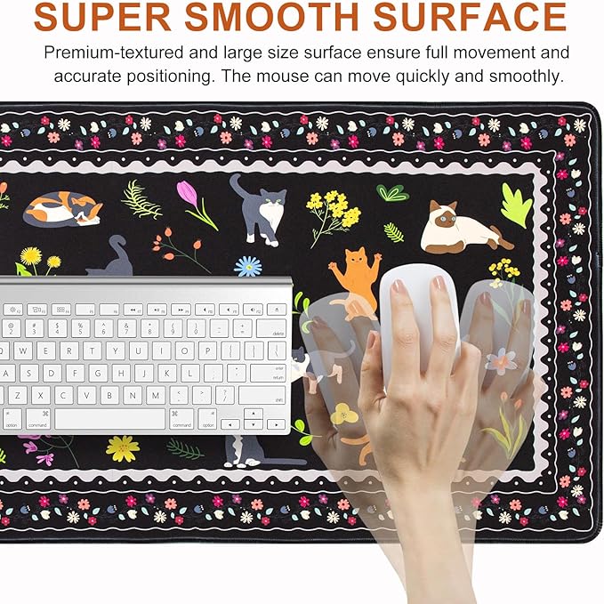 L-SPOUTTO Cute Cat Desk Mat for Keyboard and Mouse,XXL Large Mouse Pad Non-Slip Keyboard Pad Waterproof Desktop Mat for Laptop Computer Work Game Home Office-Cats Black