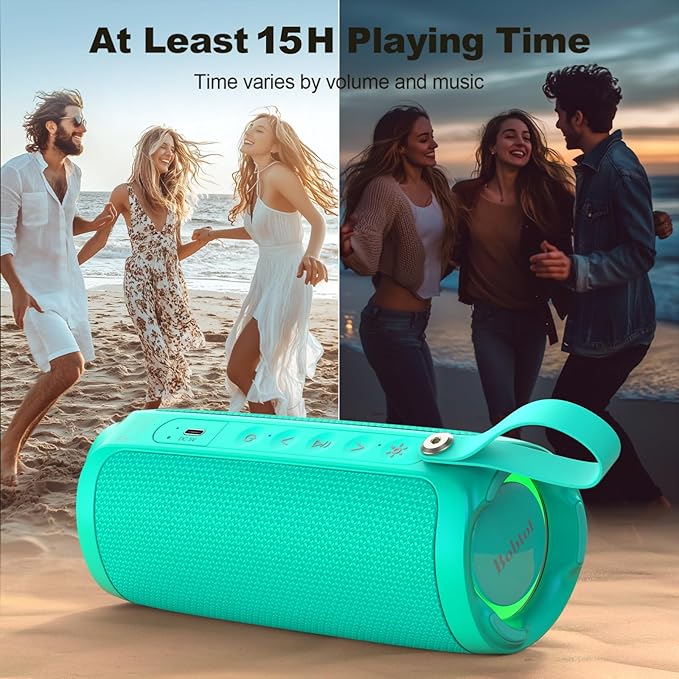 Bobtot Portable Bluetooth Speaker, IPX6 Waterproof Speaker with Punchy Bass, 15W Loud Sound, RGB, 15H Playtime, Dual Pairing for Party, Camping, Beach, Teal