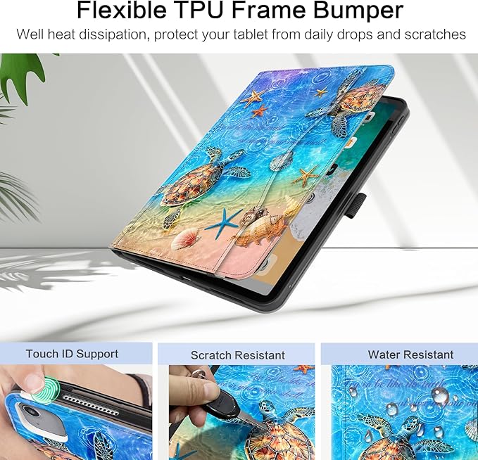 Lokigo Case for iPad Air 13 Inch M4/M3/M2 (2026/2025/2024), iPad Pro 12.9 Inch 6th/5th/4th/3rd Gen with Pencil Holder/Hand Strap/Pocket, Support Touch ID, Shockproof Soft Back Stand Cover, Sea Turtle