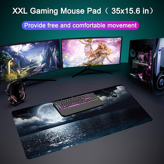 Desk Mat,Large Mouse Pad 35''×15.6'' XXL Extended Gaming Mouse Pad Mat with Non-Slip Base Stitched Eges Mousepad for Computer,Office,Keyboard and Laptop - Moon Ocean