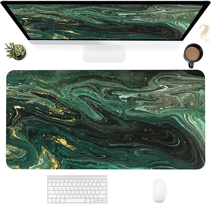 Desk Mat,Green Gold Liquid Marble Extended Gaming Mouse Pad for Office Work & Game,Computer Keyboard Mouse Mat Desk Non-Slip Rubber Base Large Mousepad with Stitched Edges, 31.5x15.7inch