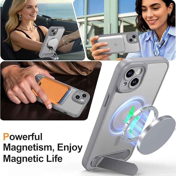 Magnetic Compatible with iPhone 15 Plus Case, [Built-in Kickstand][Full Camera Protection][Compatible with MagSafe][Anti-Fingerprint] Shockproof Phone Case for iPhone 15 Plus 6.7",Gray