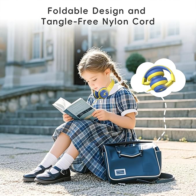 Candy Bila Kids Headphones, Wired Headphones for Kids Over Ear with Microphone, 85/94dB Volume Limiter Headphone for Girls Boys, Foldable Headphone for Learning & Entertainment, Light Yellow