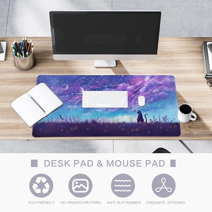Purple Gaming Mouse Pad XL Cat Cute Desk Pad Keyboard Mat Kawaii Cat Sky Mouse Pad Blue Desk Mat Decor with Stitched Edges Non-Slip Large Computer Mat 31.5"x11.8"