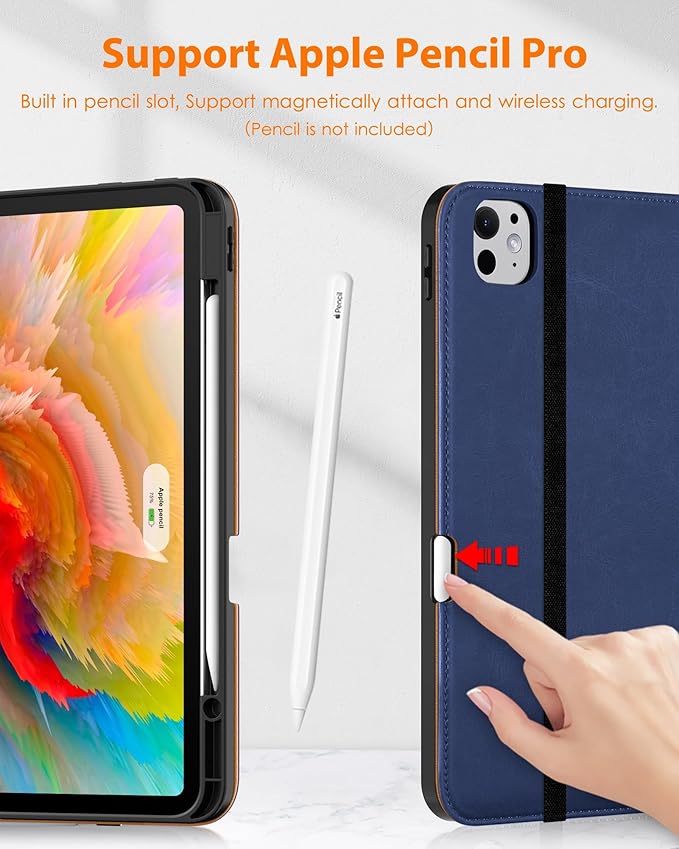 DTTO for iPad Pro 13 inch Case (M5/M4) 2025/2024, Premium Leather Business Folio Stand Cover with Pencil Holder - Auto Wake/Sleep & Multiple Viewing Angles, Built in Hand Strap & Pocket, Navy Blue