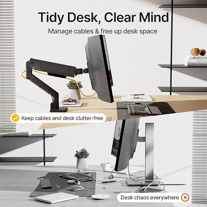 monTEK Single Monitor Arm with USB for Max 45 Inch Ultrawide Screens Adjustable Monitor Desk Mount Holds 35 Lbs Cable Management with C Clamp/Grommet Desk Mount, VESA 75/100mm