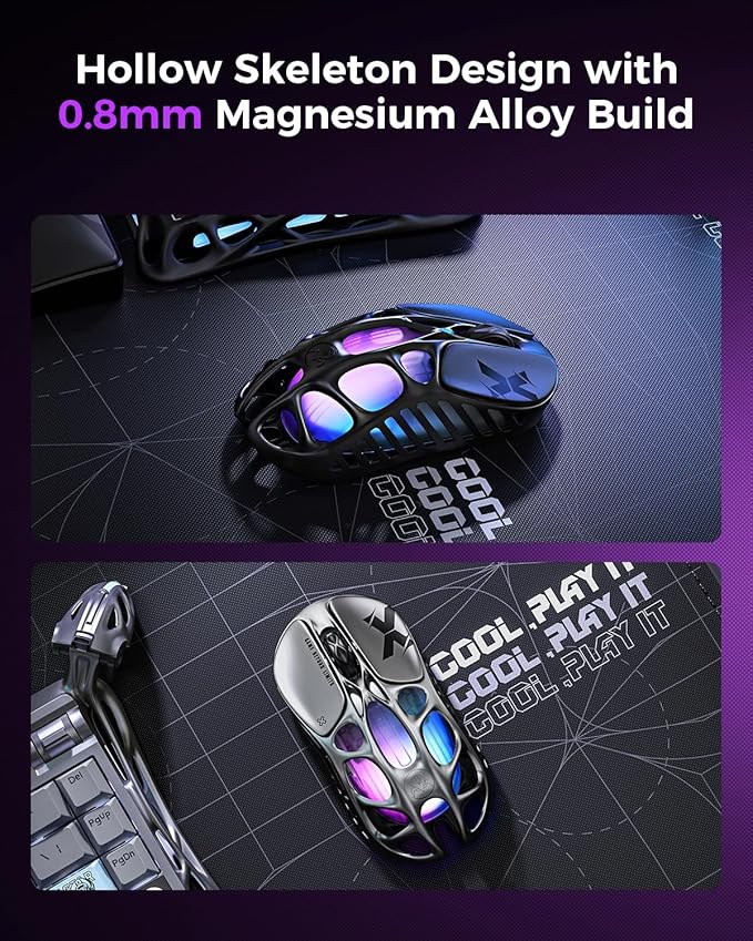 GravaStar Mercury X Wireless Gaming Mouse – 32,000 DPI PAW 3950 Sensor, 1000Hz Polling Rate, Only 49g, Magnesium Alloy Hollow Frame, RGB Lighting, 5 Programmable Buttons