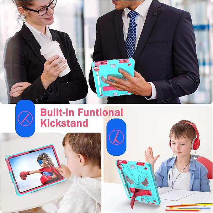 Dteck for iPad Air (3rd Generation) 2019 and iPad Pro (2017 Release) Hard Case 10.5" with Kickstand, Shoulder Strap/Screen Protector Film/Stylus Included, Shockproof Cute Spider Kid's Cover, Mint/Rose