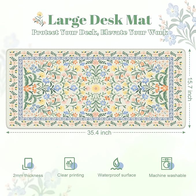 HAOCOO Desk Mat for Keyboard and Mouse, Large Keyboard Mats for Desk, Cute Desk Mat with Non-Slip Rubber Base, Computer Mat with Stitched Edges, Office Aesthetic (Green)