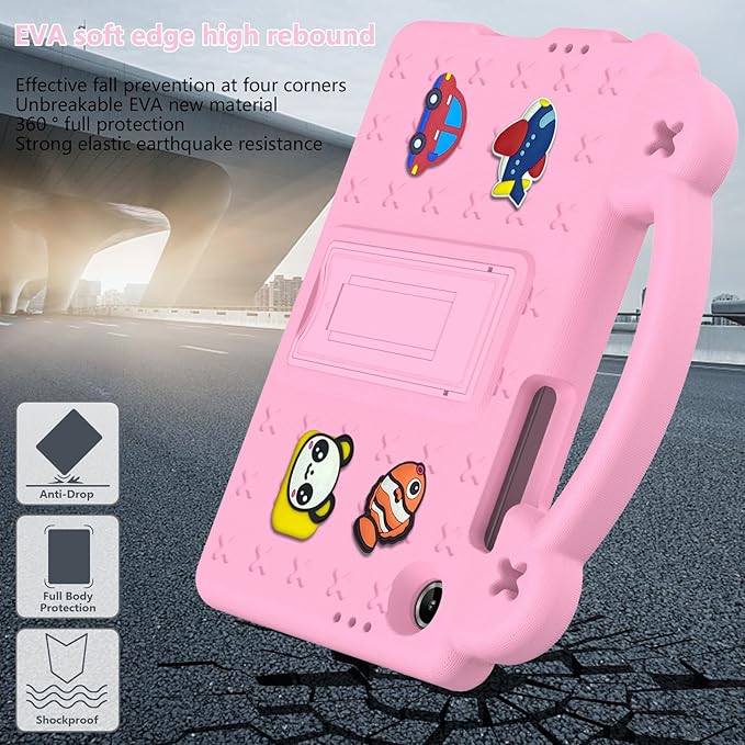 AKABEILA Compatible with Lenovo Tab One 2025 8.7 inch Tablet Case, Kids Friendly Universal Lightweight Shockproof Protective Case with Shoulder Strap & Stand Handle Pink