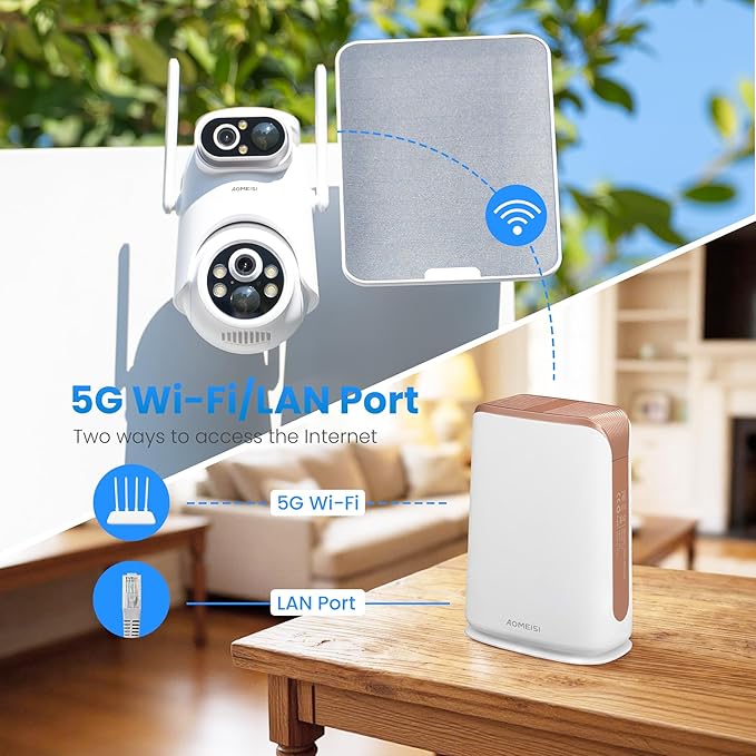 Eseecloud Si-Home Dual Lens Solar Security Camera Wireless Outdoor System,5GHz Wi-Fi, Battery Power, Color Night Vision, Two Way Audio, Easy to Setup,AI Motion Tracking,500GB, 180 Days Exchange Policy