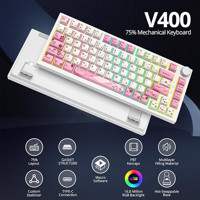 75% TKL Wired Mechanical Keyboard,RGB Backlit Gasket Mount 82 Key Hot Swappable Custom Linear Red Switch Gaming Keyboard with Volume Knob & PBT Keycaps (Pink)