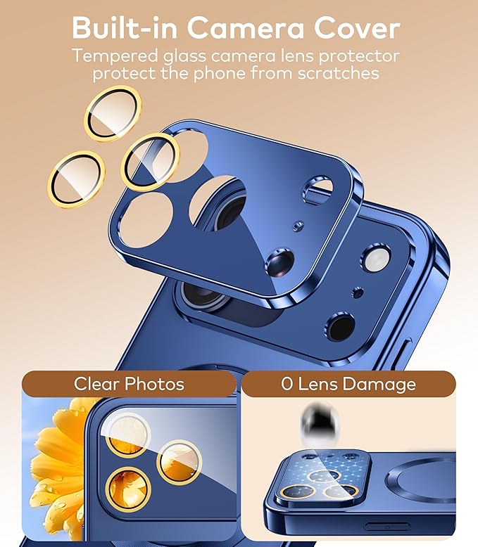 TOBOVON Magnetic for iPhone 17 Pro Max Case with Ring Stand, Fits MagSafe, with Built-in Camera Lens Protector, Slim Electroplated Shockproof Phone Cover, Blue