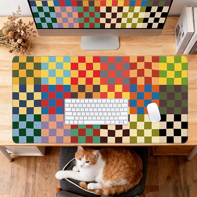 Desk Cover Mat, Extended Cute XXL Large Mouse Pad, Computer Laptop Mat Desk Decor for Office Game Home 31.5 X 15.7 Inch (Retro Checkered)