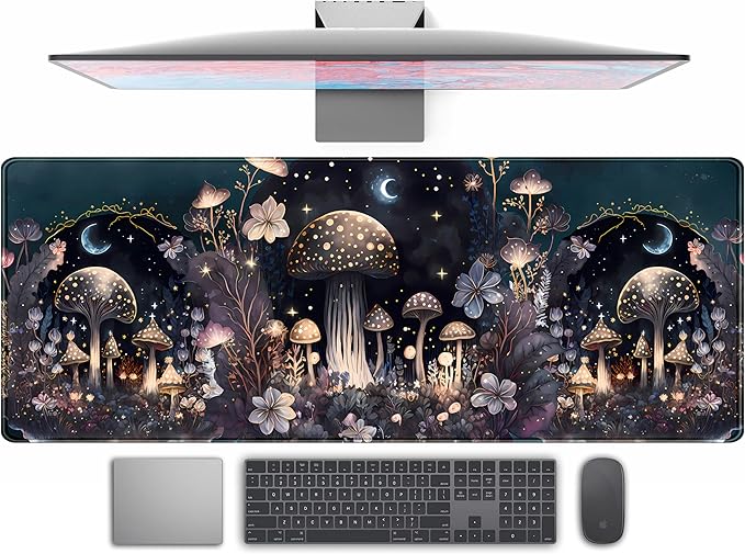 Teng DA Qing Cute Dark Mushroom Moon Night Mouse Pad XL Extended Gaming Mat with Stitched Edges, Computer Laptop Keyboard and Mouse Mat for Women Office Desk Decor, 31.5x11.8 in