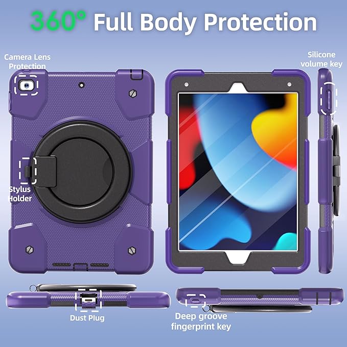Andnary Case for iPad 9th/8th/7th Generation 10.2 inch, Shockproof Cover with Screen Protector/360° Rotate Stand/Pencil Holder/Shoulder Strap, Kids Case for iPad 2021/2020/2019 (Deep Purple+Black)